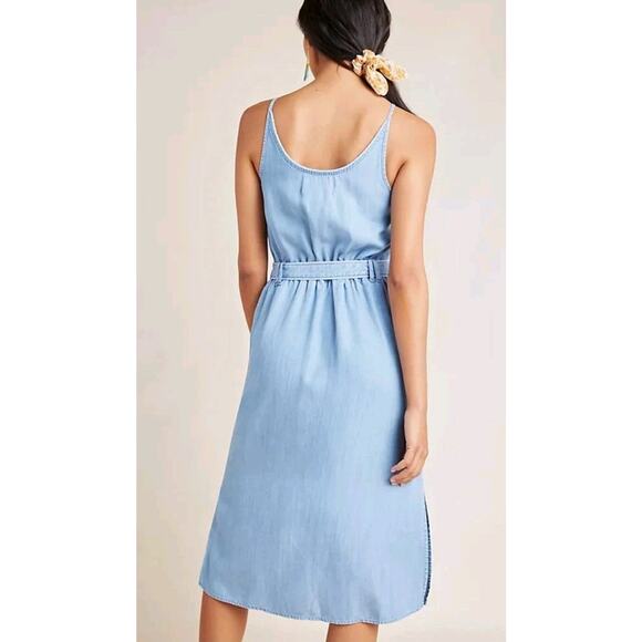 Anthropologie Cloth & Stone Women's Chambray Tank Dress Sz PM Belt Tie Midi Slit - Picture 8 of 8